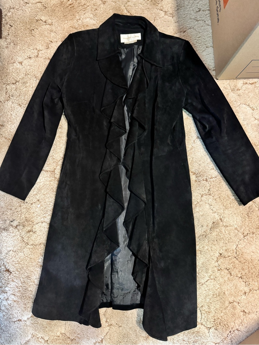 Women's Black Authentic Suede Ruffle-Front Coat- knee length. NEW.